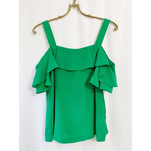 J.Crew silk green ruffle cold shoulder top